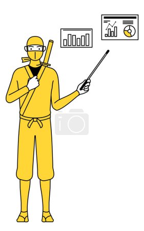 Téléchargez les illustrations : A man dressed up as a ninja analyzing a performance graph. - en licence libre de droit