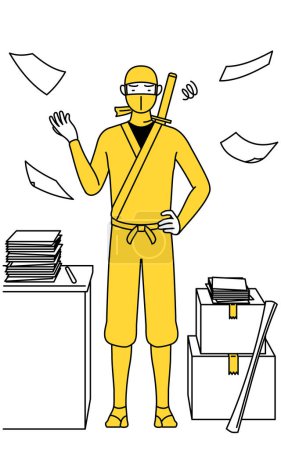 Illustration for A man dressed up as a ninja who is fed up with his unorganized business. - Royalty Free Image