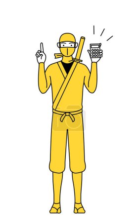 Téléchargez les illustrations : A man dressed up as a ninja holding a calculator and pointing. - en licence libre de droit