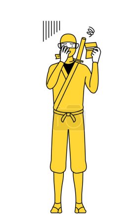 Téléchargez les illustrations : A man dressed up as a ninja looking at his bankbook and feeling depressed. - en licence libre de droit