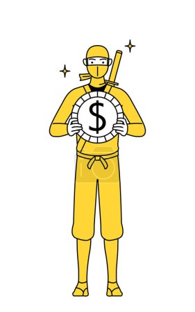 Téléchargez les illustrations : A man dressed up as a ninja, with images of foreign exchange gains and dollar appreciation. - en licence libre de droit