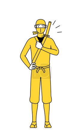 Illustration for A man dressed up as a ninja tapping his chest. - Royalty Free Image