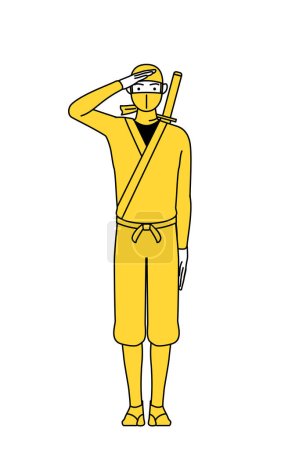 Téléchargez les illustrations : A man dressed up as a ninja making a salute. - en licence libre de droit