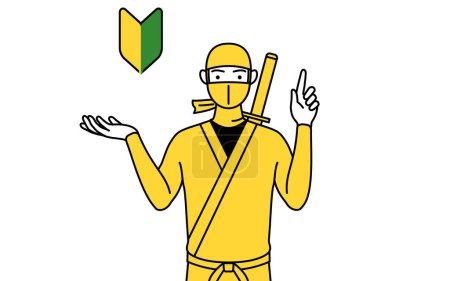 Téléchargez les illustrations : A man dressed up as a ninja showing the symbol for young leaves. - en licence libre de droit