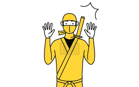 Téléchargez les illustrations : A man dressed up as a ninja raising his hand in surprise. - en licence libre de droit