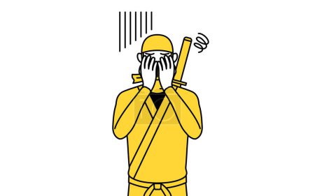 Ilustración de A man dressed up as a ninja covering his face in depression. - Imagen libre de derechos