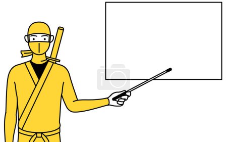 Téléchargez les illustrations : A man dressed up as a ninja pointing at a whiteboard with an indicator stick. - en licence libre de droit