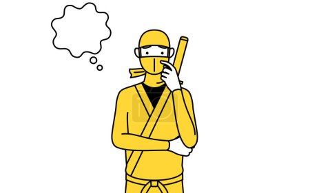 Téléchargez les illustrations : A man dressed up as a ninja thinking while scratching his face. - en licence libre de droit