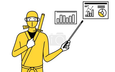 Illustration for A man dressed up as a ninja analyzing a performance graph. - Royalty Free Image