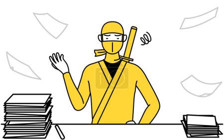 Téléchargez les illustrations : A man dressed up as a ninja who is fed up with his unorganized business. - en licence libre de droit