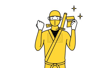 Téléchargez les illustrations : A man dressed up as a ninja who is pleased to see a bankbook. - en licence libre de droit