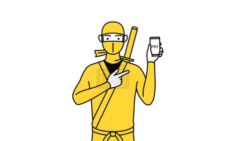 Téléchargez les illustrations : A man dressed up as a ninja recommending cashless online payments on a smartphone. - en licence libre de droit