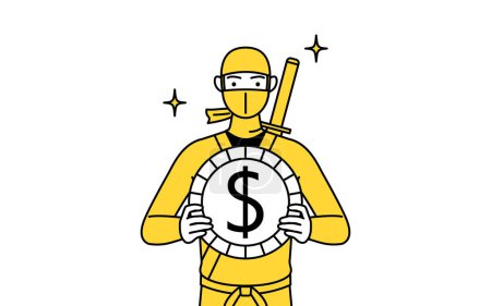Téléchargez les illustrations : A man dressed up as a ninja, with images of foreign exchange gains and dollar appreciation. - en licence libre de droit