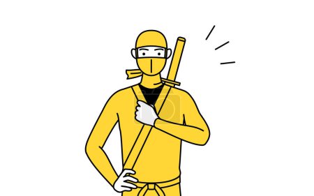 Téléchargez les illustrations : A man dressed up as a ninja tapping his chest. - en licence libre de droit
