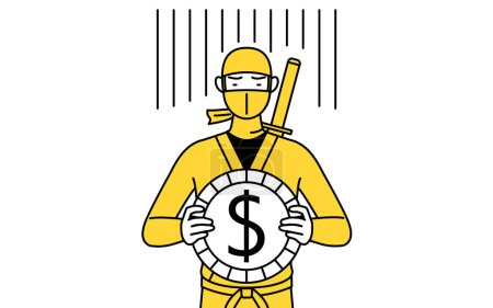 Téléchargez les illustrations : A man dressed up as a ninja, an image of exchange loss or dollar depreciation - en licence libre de droit