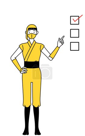 Téléchargez les illustrations : A woman dressed up as a ninja pointing to a checklist. - en licence libre de droit