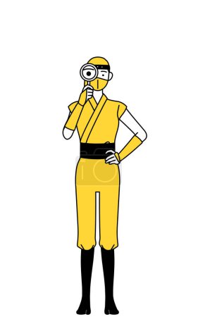 Téléchargez les illustrations : A woman dressed up as a ninja looking through magnifying glasses - en licence libre de droit