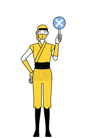 Téléchargez les illustrations : A woman dressed up as a ninja holding a bar of buts indicating incorrect answers. - en licence libre de droit