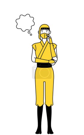 Téléchargez les illustrations : A woman dressed up as a ninja thinking while scratching her face. - en licence libre de droit