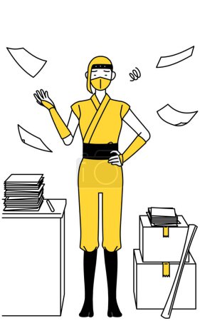 Illustration for A woman dressed up as a ninja who is fed up with her unorganized business. - Royalty Free Image