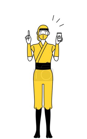 Ilustración de A woman dressed up as a ninja taking security measures for her phone. - Imagen libre de derechos