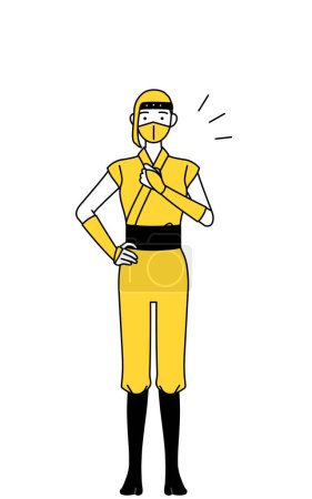 Illustration for A woman dressed up as a ninja tapping her chest. - Royalty Free Image