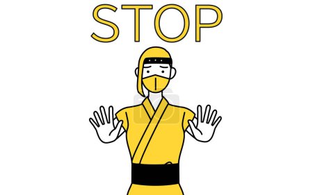 Téléchargez les illustrations : A woman dressed up as a ninja with her hand out in front of her body, signaling a stop. - en licence libre de droit