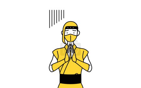 Illustration for A woman dressed up as a ninja apologizing with her hands in front of her body. - Royalty Free Image