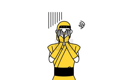 Ilustración de A woman dressed up as a ninja covering her face in depression. - Imagen libre de derechos