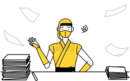 Téléchargez les illustrations : A woman dressed up as a ninja who is fed up with her unorganized business. - en licence libre de droit