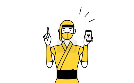 Téléchargez les illustrations : A woman dressed up as a ninja taking security measures for her phone. - en licence libre de droit