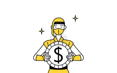 Téléchargez les illustrations : A woman dressed up as a ninja, with images of foreign exchange gains and dollar appreciation. - en licence libre de droit