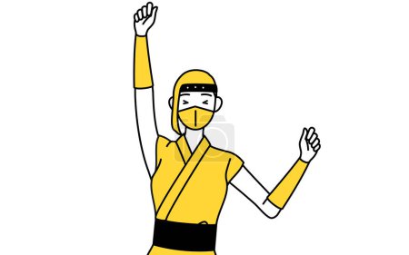 Téléchargez les illustrations : A woman dressed up as a ninja smiling and jumping. - en licence libre de droit