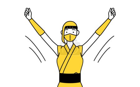 Téléchargez les illustrations : A woman dressed up as a ninja doing radio calisthenics, preparation for accident prevention - en licence libre de droit