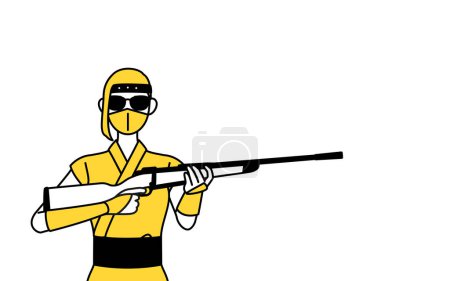 Téléchargez les illustrations : A woman dressed up as a ninja with sunglasses and holding a rifle. - en licence libre de droit