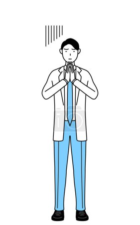 Illustration for A man doctor in white coats apologizing with his hands in front of his body. - Royalty Free Image