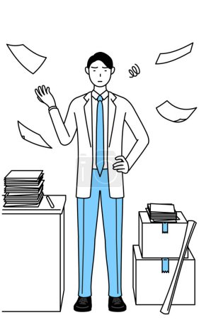 Illustration for A man doctor in white coats who is fed up with his unorganized business. - Royalty Free Image