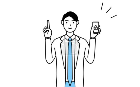 Ilustración de A man doctor in white coats taking security measures for his phone. - Imagen libre de derechos