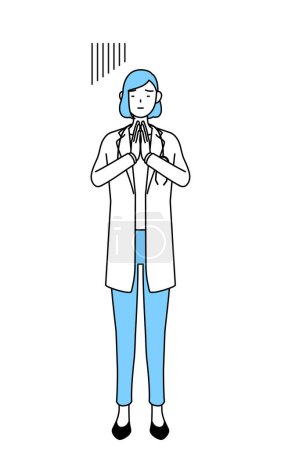 Illustration for A woman doctor in white coat apologizing with her hands in front of her body. - Royalty Free Image