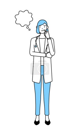 Téléchargez les illustrations : Une femme médecin en manteau blanc réfléchissant tout en se grattant le visage. - en licence libre de droit