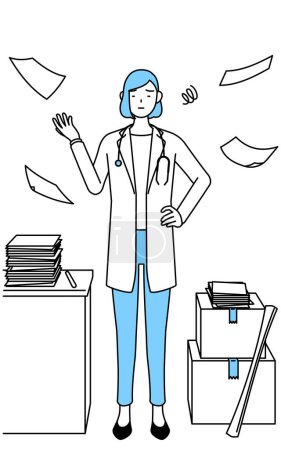 Illustration for A woman doctor in white coat who is fed up with her unorganized business. - Royalty Free Image