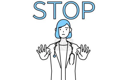 Illustration for A woman doctor in white coat with her hand out in front of her body, signaling a stop. - Royalty Free Image