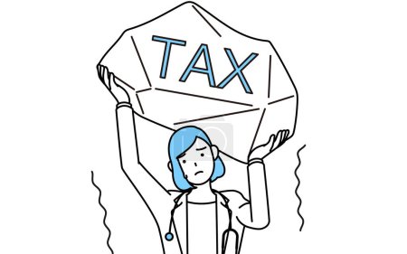 Illustration for A woman doctor in white coat suffering from tax increases - Royalty Free Image