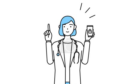 Illustration for A woman doctor in white coat taking security measures for her phone. - Royalty Free Image