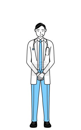 Téléchargez les illustrations : Médecin masculin en manteaux blancs avec stéthoscopes, vétérans âgés d'âge moyen s'inclinant avec les mains pliées. - en licence libre de droit