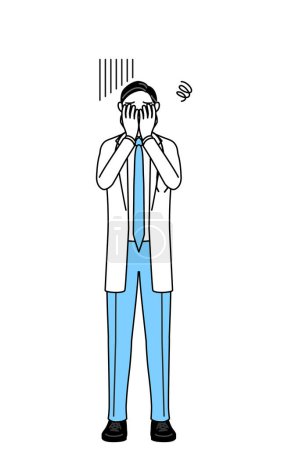 Ilustración de Male doctor in white coats with stethoscopes, senior, middle-aged veterans covering her face in depression. - Imagen libre de derechos