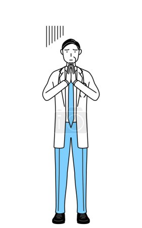 Illustration for Male doctor in white coats with stethoscopes, senior, middle-aged veterans apologizing with her hands in front of her body. - Royalty Free Image