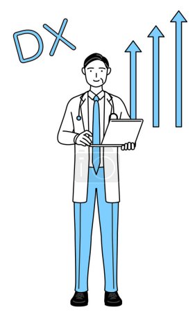 Téléchargez les illustrations : Image de DX, médecin masculin en manteaux blancs avec stéthoscopes, vétérans âgés d'âge moyen qui a réussi à améliorer son entreprise - en licence libre de droit
