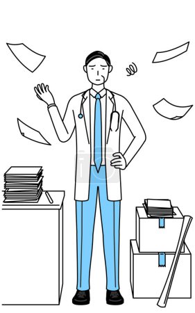 Illustration for Male doctor in white coats with stethoscopes, senior, middle-aged veterans who is fed up with her unorganized business. - Royalty Free Image