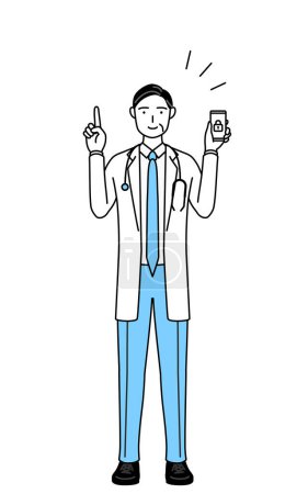 Illustration for Male doctor in white coats with stethoscopes, senior, middle-aged veterans taking security measures for her phone. - Royalty Free Image